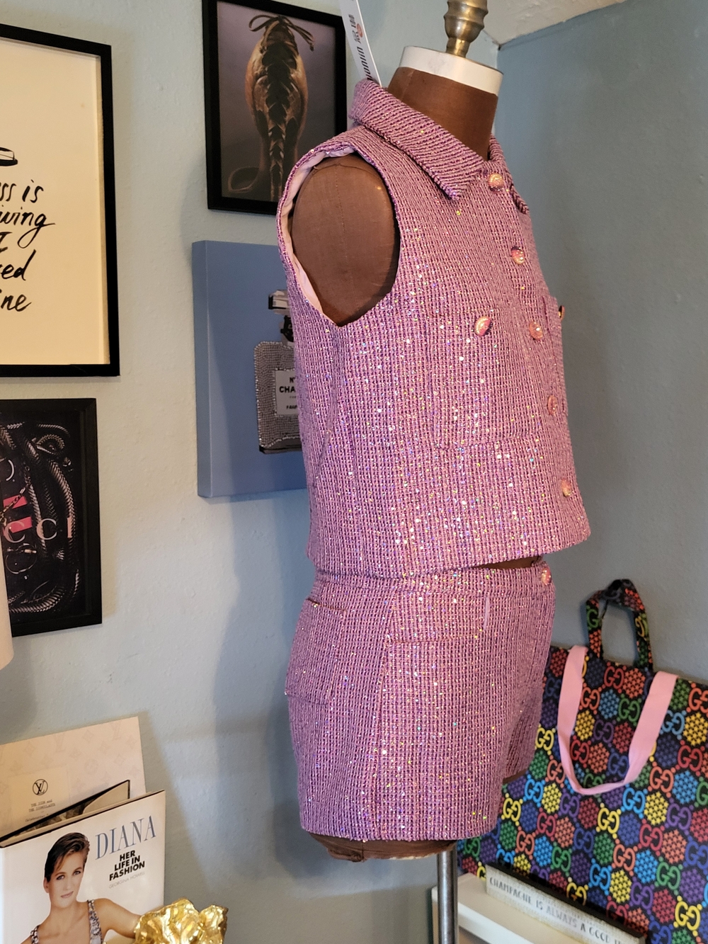 Nianlin Sleeveless Purple Sequin Tweed Shorts Set - Picture 5 of 17